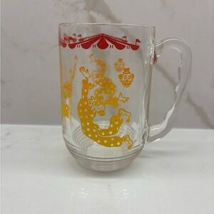 Vintage Dancing Circus Clown Glass Mug with Ribbed Handle Yellow and Red Rare